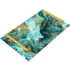 Vanity Tray Gold and Turquoise Marble Decorative Tray Bathroom Acrylic Jewelry Perfume Trays with Handle Makeup Dresser Cosmetic Bedroom Kitchen, 12x8 in
