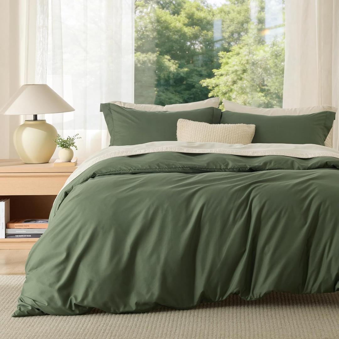 Bedsure Duvet Cover Queen Size - Soft Double Brushed Bedding Set for Kids & Adults, Zipper Closure, 3 Pieces, Includes 1 Duvet Cover (90"x90") & 2 Pillow Shams, NO Comforter, Olive Green