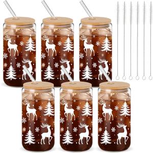 Acellegic 6 Set Christmas Glass Cups Bulk 16 oz Winter Drinking Glass Cup with Lid Straw Glow in The Dark Cups Christmas Gifts for Women Glow Night Party Supplies