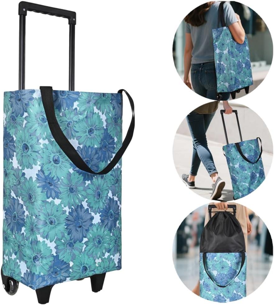 Small Collapsible Shopping Cart,Shopping Cart with Wheels,Folding Portable Bag,Waterproof Rolling Bag,Trolley Tote Stair Climbing for Traveling,Gift for Women,Older (Flower,Expandable Bag)