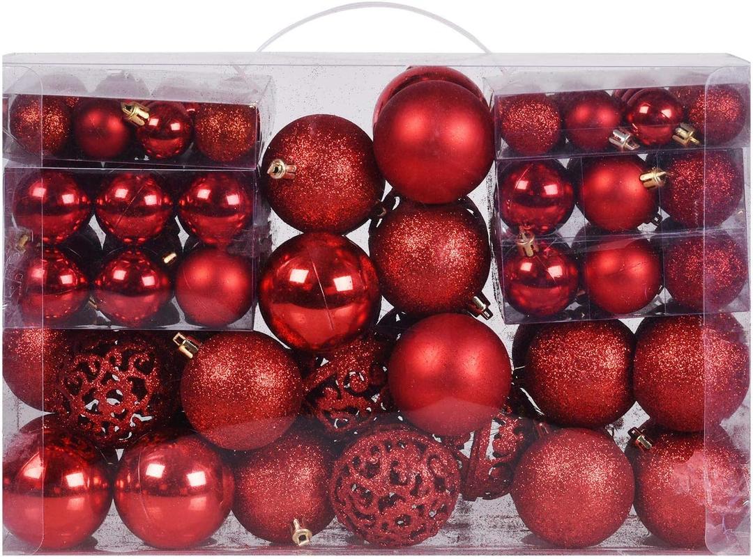 Christmas Balls Tree Ornaments Set, Shatterproof Xmas Decorations Set with Reusable Hand-held Gift Package for Holiday Indoor Tree Decor (100, Red)