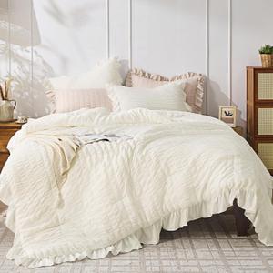 JOLLYVOGUE Cream Queen Comforter Set,3pcs Seersucker Comforters Queen Size