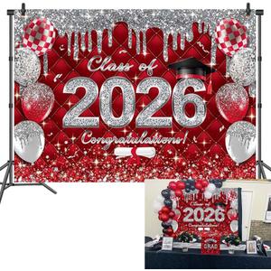 Red Graduation Backdrop Class of 2026 Photoshoot Background 2026 Congrats Grad Congratulations Party Decoration Banner Photo Props (red, 7x5FT(82 x 59 inch))