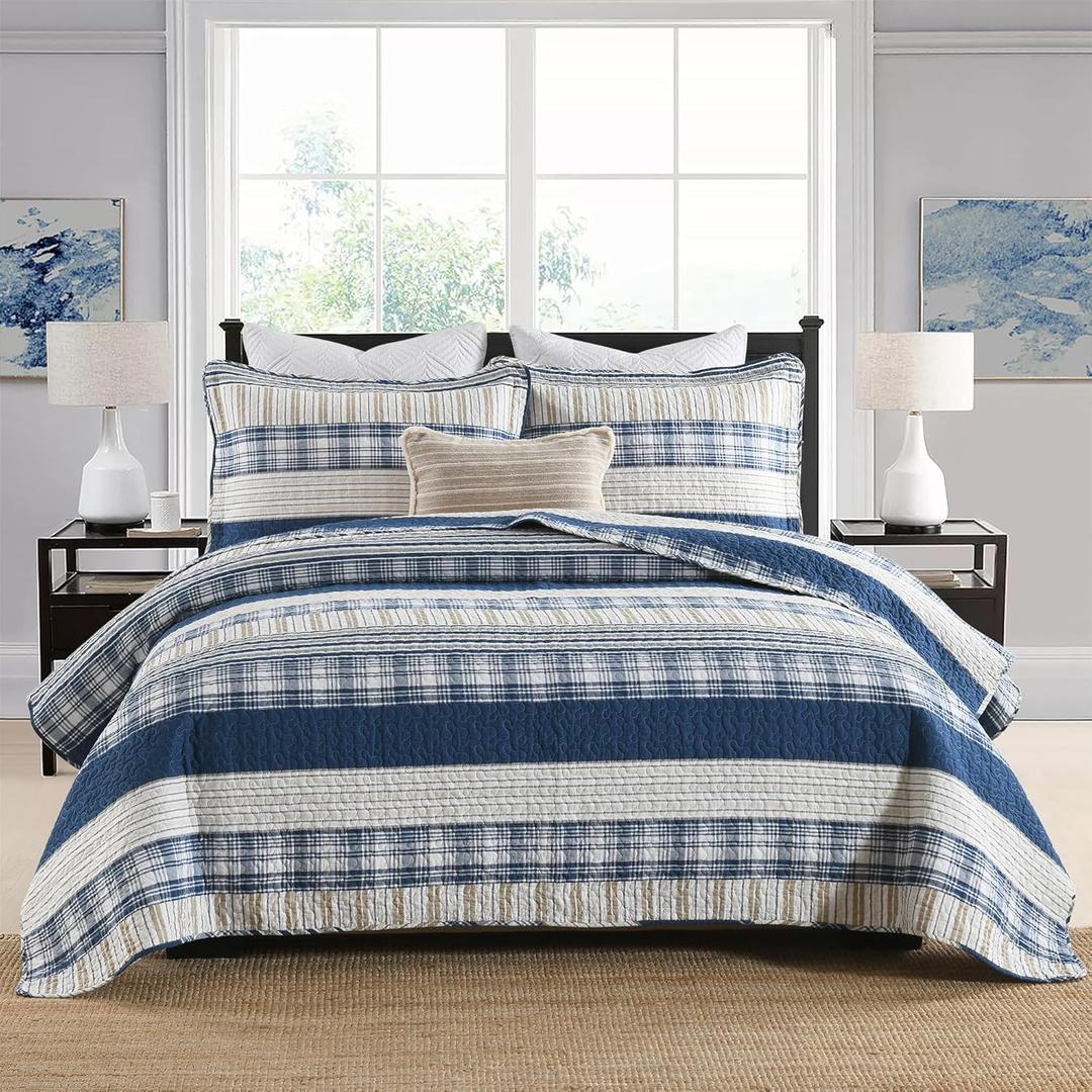 Homzard Queen Size Comforter Set - Blue White Tan Striped Queen Quilt Set,Plaid Striped Bedding Quilt, Farmhouse Bedspread Queen Size, Lightweight Bedding Quilts 3 Pieces All Season (Queen (90"x98"))