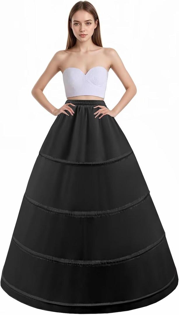Women's 4 Hoop Skirt Petticoat A Line Crinoline Floor Length Underskirt for Wedding Dress Ball Gown Slips (Black, M)