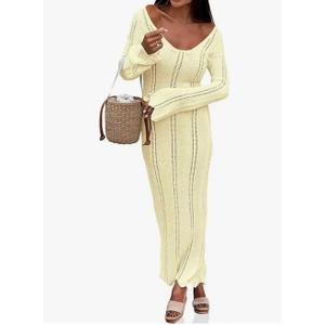 Womens Crochet Maxi Dress Bell Sleeve Bodycon Scoop Neck Backless Long Knit Dresses Beach Cover Ups Size M