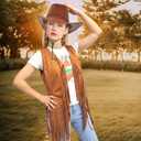 SUOLA 60s 70s Western Cowgirl Outfits Set Hippie Costume Fringe Vest with Hat Sunglasses Earring Headband for Women Halloween (Brown, L)