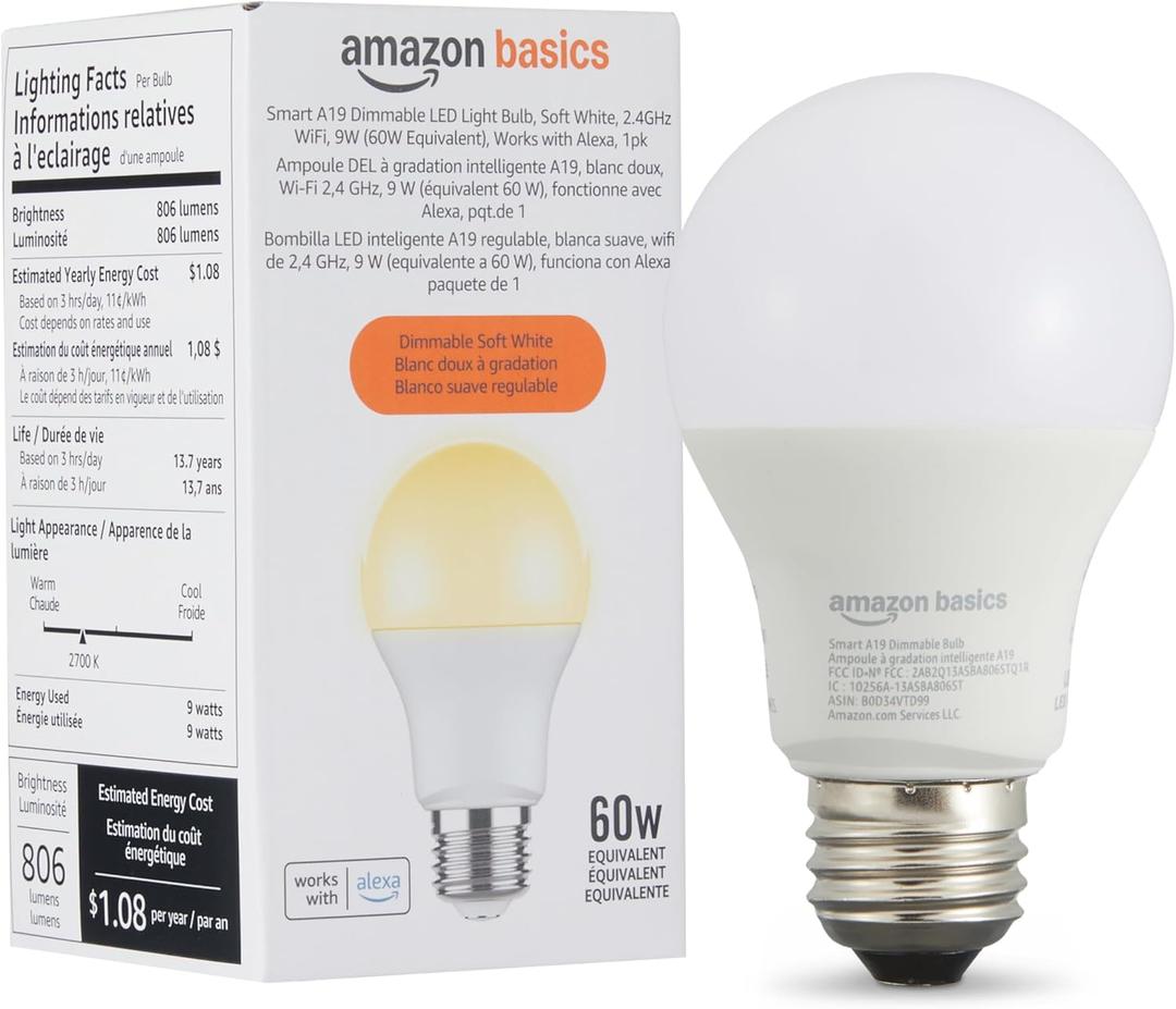 Amazon Basics Smart A19 LED Light Bulb, Dimmable Soft White (2700K), 9W (60W Equivalent), 800LM, Works with Alexa Only, Energy Efficient, 2.4 GHz Wi-Fi, No Hub Required, 1-Pack