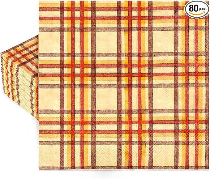 Whaline 80 Counts Checkered Fall Paper Napkins Plaid Disposable Napkins Watercolor Decorative Luncheon Dinner Table Napkins for Autumn Harvest Thanksgiving Party Supplies
