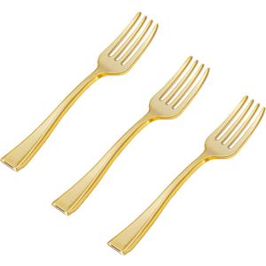 N9R 300PCS Gold Plastic Mini Forks, 4 Inches  Heavy Duty Disposable Cocktail, Dessert & Appetizer Forks, Elegant Party Serving Utensils for Tastings, Finger Foods, Weddings, Events