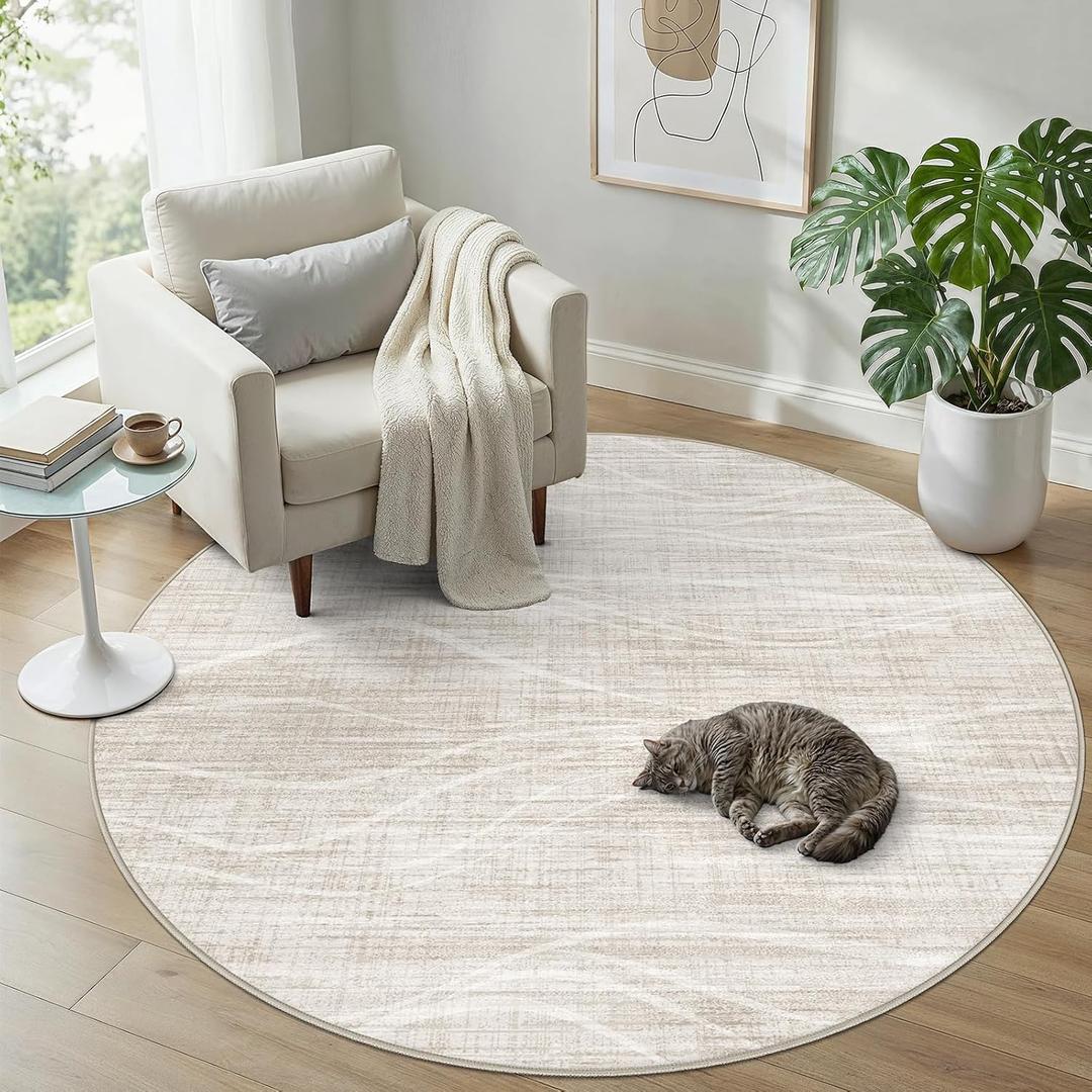WITSHOCK Round Rugs 6ft for Living Room, Washable Area Rug for Bedroom Dining Room Office Nursery, Modern Striped Design Non-Slip Low Pile Carpets for Home Decor, Beige