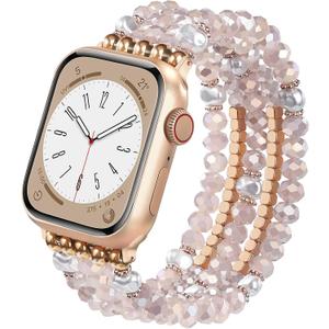 MOFREE Beaded Bracelet Compatible for Apple Watch Band 38mm/40mm/41mm/42mm(Series 10) Women,Fashion Handmade Beads Elastic Stretch Strap for iWatch Series 10/9/8/7/SE/6/5/4/3/2/5 (Pink)