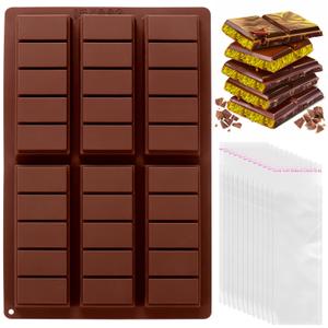 6 x Mity rain Chocolate Bar Mold Deep, Silicone Thick Chocolate Bar Mold for Stuffed Bar, Square Knafeh Pistachio Chocolate Bar Break Apart Candy Bar Molds with 100pcs Storage Bags