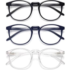 IBOANN Chic & Comfy Blue Light Glasses for Women - 3-Pack Round Frames, Screen-Ready Style with UV Protection Coating (A26 Light Black & Dark Blue & Tranparent)