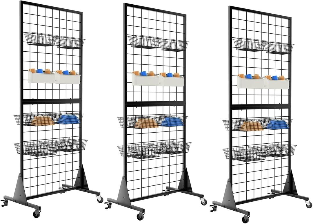 3-Pack Gridwall Panel Display Stand, 2'x5.5' Heavy Duty Floor Standing Rack with Detachable Girdwall, Movable Silent Wheel, Easy to Transport, Ideal for Retail & Craft Fairs