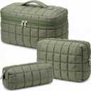 Huhumy 3 Pcs Large Puffy Makeup Bag Set Quilted Cosmetic Pouch for Women Cute Checkered Travel Toiletry Bag Puffer Makeup Organizer Purse Pouch Preppy Pencil Case with Zipper Valentine Gift(Green)