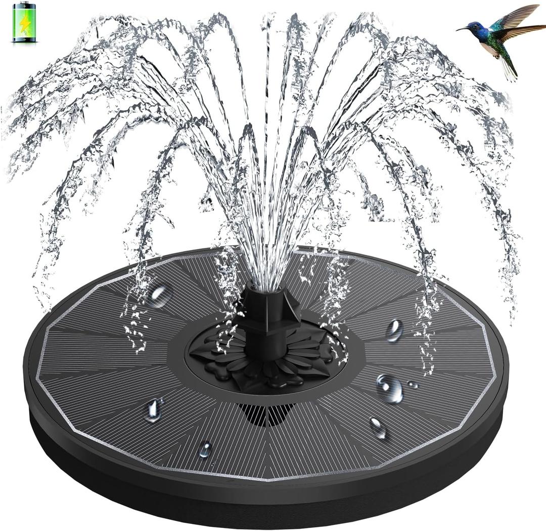 3.5W Solar Fountain with 2000mAh Battery - Work On Cloudy Days - Upgrade Glass Panel Solar Bird Bath Fountain, Hummingbird Water Feature Pump with 7 Nozzles, 4 Fixed Pipes for Garden, Pool (Black)