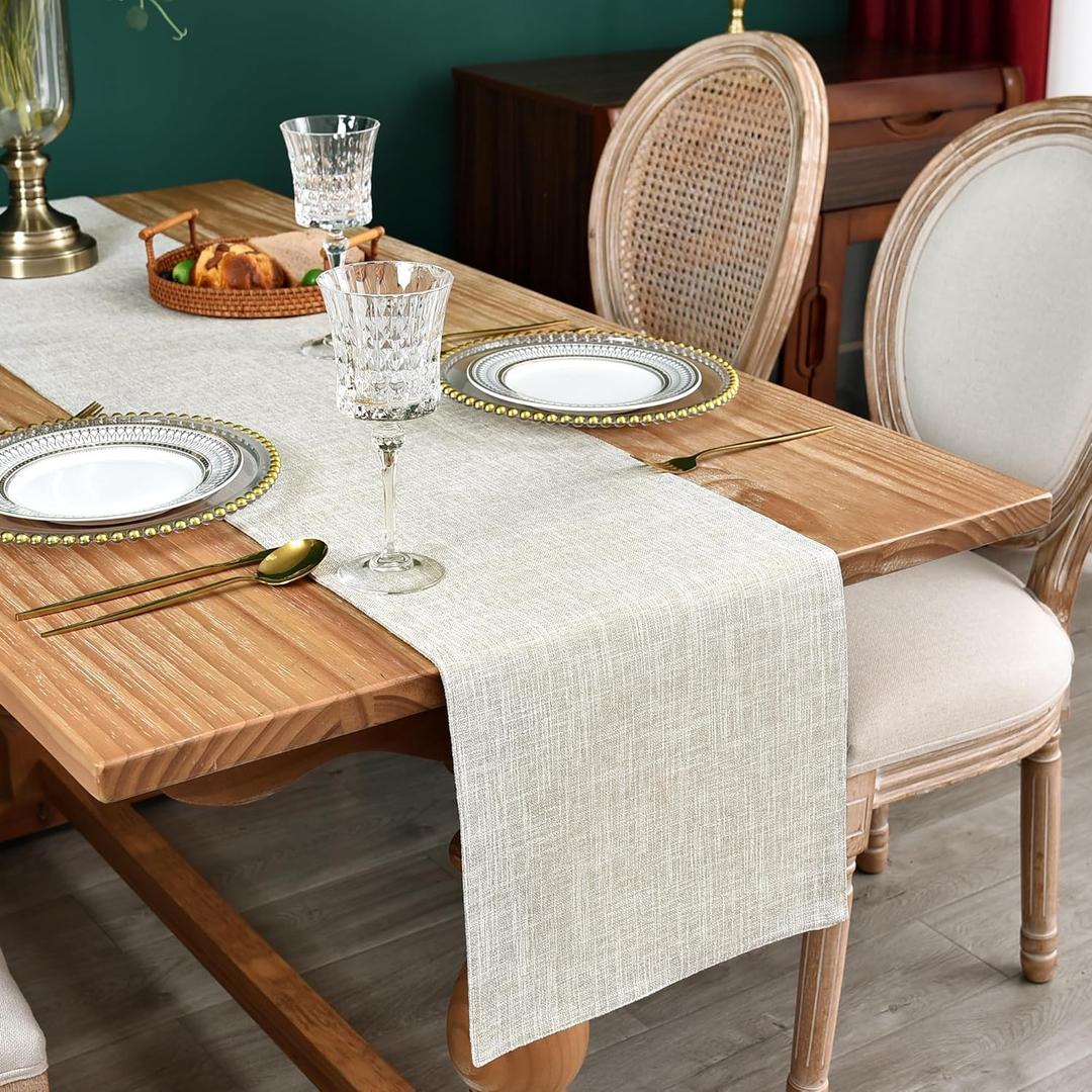 Farmhouse Rustic Faux Linen Table Runner Neutral Beige Table Runners Double Layer Reversible Rectangle Runners for Daily Use Kitchen Dining Banquet Holiday 13x60 Inch