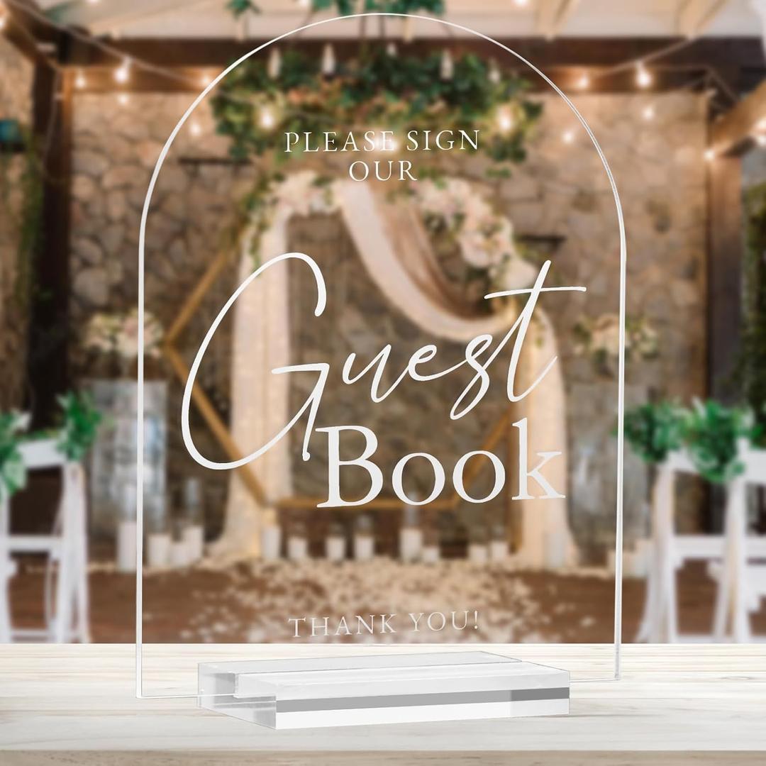 Arched Clear Acrylic Guest Book Signs, 8x10 Inch Clear Wedding Signs 1/8" Thick and Stand, Modern Calligraphy White Lettering Arched Acrylic Sign for Wedding (Please Sign Our Guest Book, 8x10 Inch)
