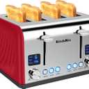 Toaster 4 Slice, KitchMix Bagel Stainless Toaster with LCD Timer, Extra Wide Slots, Dual Screen, Removal Crumb Tray (Red)