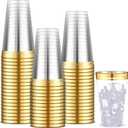 Sliner 50 Pcs Hard Plastic Cups Double Rimmed Plastic Cups Heavy Duty Fancy Wine Glasses for Holiday Christmas New Year Winter Birthday Party Supplies(16 Oz,Gold)