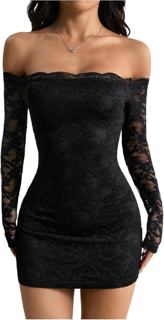 GORGLITTER Women's Lace Long Sleeves Mini Dress Y2K Fall Sexy Off The Shoulder Bodycon Night Out Birthday Party Dresses (Black) Extra Small