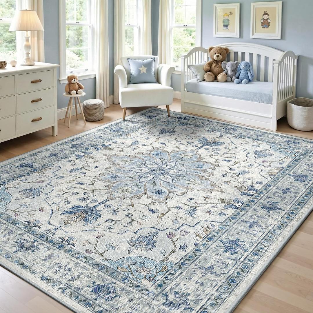 Area Rugs 5'x7' Washable Non-Slip, Floral Vintage Distress Print Pattern Medallion Carpet for Living Room Bedroom Dining Room, Light Blue Navy Beige Gray White