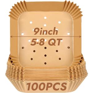 BYKITCHEN Perforated Air Fryer Liners for Ninja Pro AF141/AF181, Chefman, Instant Vortex, Cosori&5-8 QT Airfryer, 100PCS 9 Inch Disposable Air Fryer Parchment Paper Sheet Filters, Airfryer Accessories