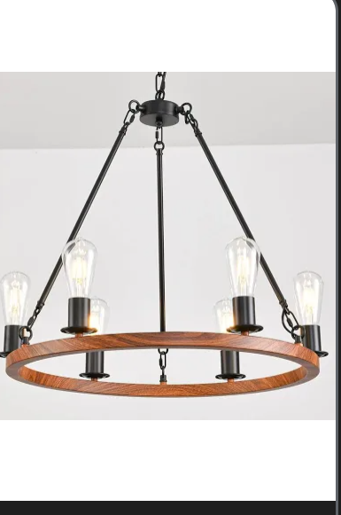 Wagon Wheel Chandelier 25-Inch 6-Light,Small Round Rustic Farmhouse Chandelier Metal Circle Chandeliers for Dining Room Living Room High Ceilings,Wood-Grain Surface