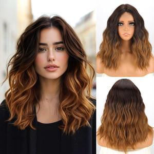 MISSQUEEN Dark Ombre Brown Wig 18 Inch Women's Short Wavy Middle Parted Wigs Synthetic Heat Resistant Natural Looking Medium Length Hair for Everyday Hairstyle Cosplay Party Halloween Use