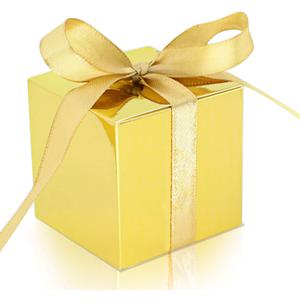 KPOSIYA 100 Pack Favor Boxes 2x2x2 inch Candy Boxes Gold Gift Boxes with Ribbons for Wedding Baby Shower Decorations Birthday Party Supplies