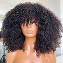 Afro Kinky Curly Wig With Bangs Full Machine Made Scalp Top Wig 200 Density Virgin Brazilian Short Curly Human Hair Wigs Natural Color 20 inch