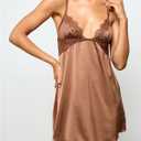 MakeMeChic Women's Satin Silk Nightgown Lace Trim Tie Back Babydoll Slip Dress Sleepwear (Brown, L)