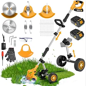 20000 RPM Electric Weed Wacker Cordless, 3-in-1 Weed Eater Cordless with Battery Powered, Lawn Mower/Grass Trimmer/Lawn Edger with 3 Types Blades, Battery Weed Wacker with Wheels (2 Battery, Yellow)