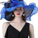 Women Derby Church Organza Flower Wedding Tea Party Fascinator Wide Brim Sun Hat (Blue)