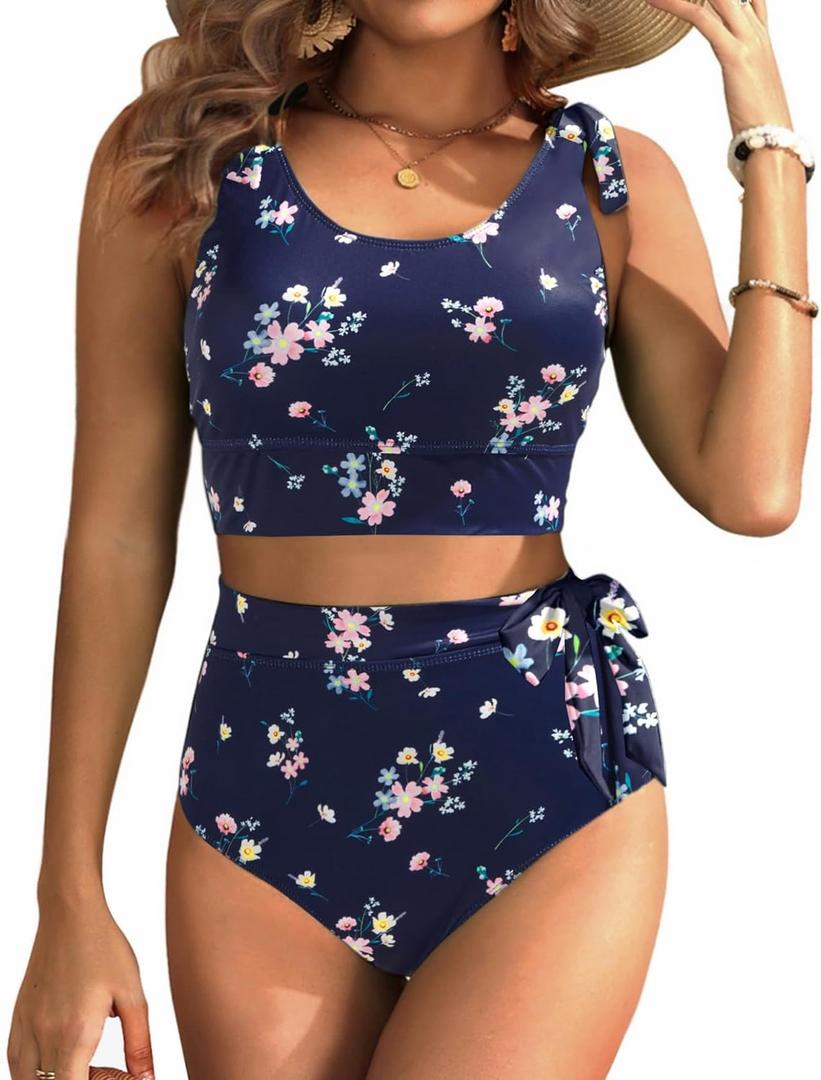 Two Piece High Waisted Swimsuits - Women Tummy Control Bikini Modest Bathing Suit 2PC 2025 (Medium, Navy Blue and Flower)