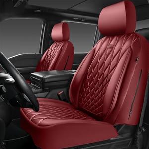 CAR PASS Piping Luxury Faux PU Leather Two Front Car Seat Covers, Waterproof Anti Slip Premium Automotive Seat Covers,Universal Fit for Suvs,Vans,Trucks, Armrest Airbag Compatible, Burgundy Red