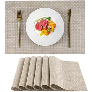 VCVCOO Placemats Set of 6 - Durable Beige & Yellow Woven Plastic Vinyl Place Mats for Dining Table Deco, Heat Resistant Anti-Slip Table Mats Wipeable Easy to Clean (17.7 x 11.8 inch)