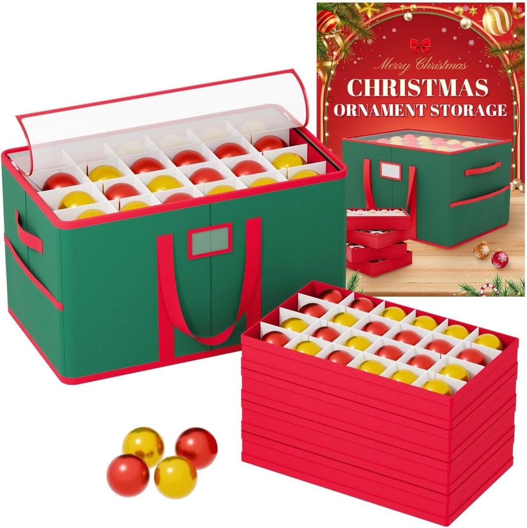 Christmas Ornament Storage Box with 4 Trays Top Clear Premium Ornaments Storage Box Fits 96-3'' Holiday Decorations Green Christmas Ornament Storages Container for Holiday Ornament Decoration