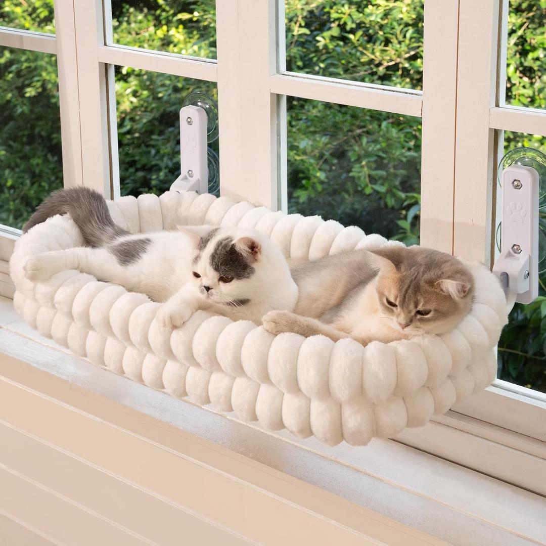 CHEERPALS Cat Window Perch for Indoor Cats Hammock for Window with Reversible Cushion, Foldable Cat Window Bed for Large Cats and Kittens(White,Large)