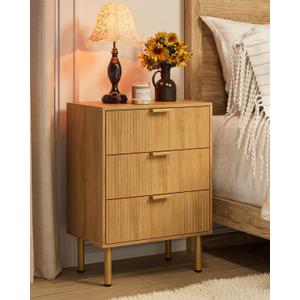 Nightstand with 3 Drawers,Fluted Bedside Table for Bedroom,Light Oak End Table with Storage, Farmhouse Night Stand for Living Room