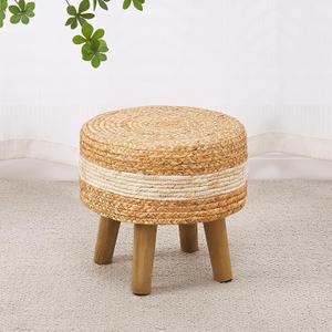 Cpintltr Round Ottoman Natural Seagrass Footstool Hand Weave Water Hyacinth Poufs Eco Friendly Sofa Foot Stool Soft Step Stool Padded Foot Rest with Pine Legs for Living Room (White)