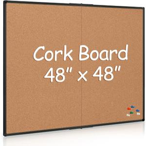 Extra Large Cork Bulletin Board 48" X 48", Foldable Notice Pin Board for Wall, Black Aluminum Framed 4'x4' Corkboard, Wall Mounted Noticeboard with 36 Push Pins for School, Home & Office