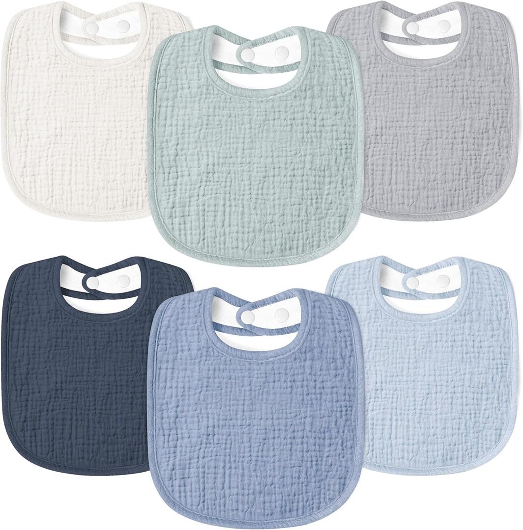 Susurration Muslin Baby Drool Bibs 6Pack Soft Square Adjustable Baby Bandana Bibs for Unisex Girls & Boys (Blue)