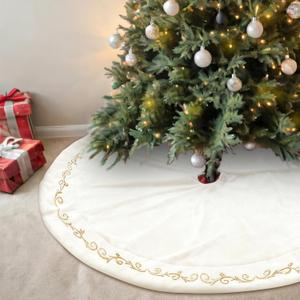 HyDren 60 Inch Velvet Christmas Tree Skirt White Gold Bronzing Embroidery Fur Plush Tree Skirt Luxury Xmas Skirts for Merry Christmas Decorations Vintage Rustic Party Favors Rustic Holiday Decor