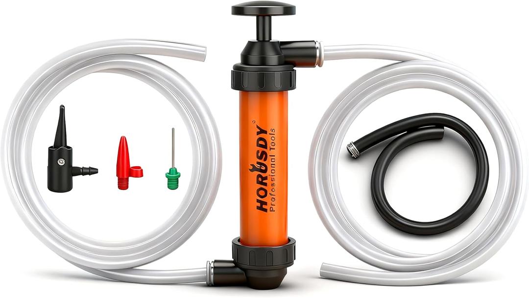 HORUSDY Multi-Use Siphon Transfer Pump Kit Hand Fuel Pumps for Gas Oil Water with Air Hose, Portable Manual Fuel Transfer Pump for Boat, Car, RV, Emergency, Lawn Mower Fluid Drainage