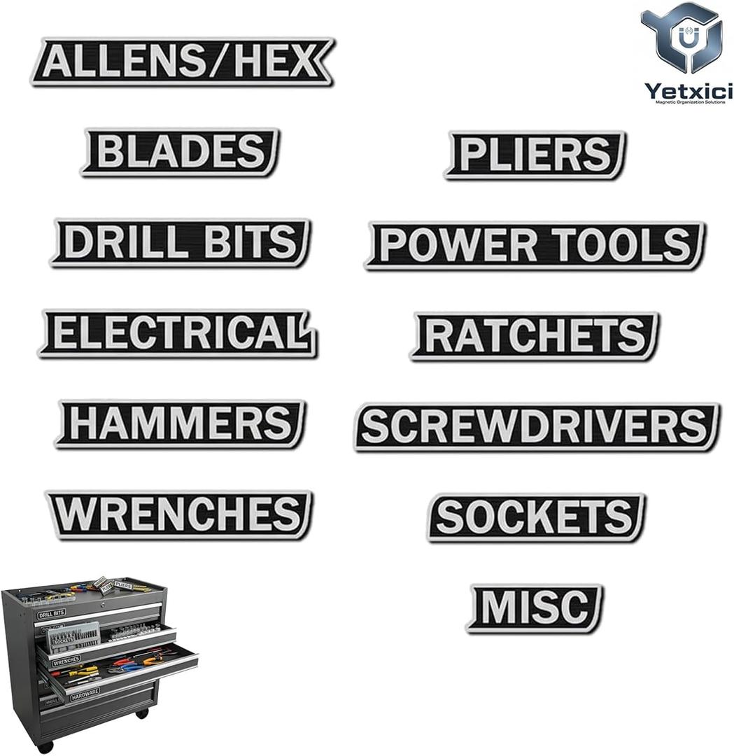 12 Pack of Magnetic Toolbox Labels, 3D-Printed Tool Box Labels, General Tool Box Organize Accessories, Reusable Tags for Steel Toolboxes, Carts, Drawers, and Cabinets(Black)