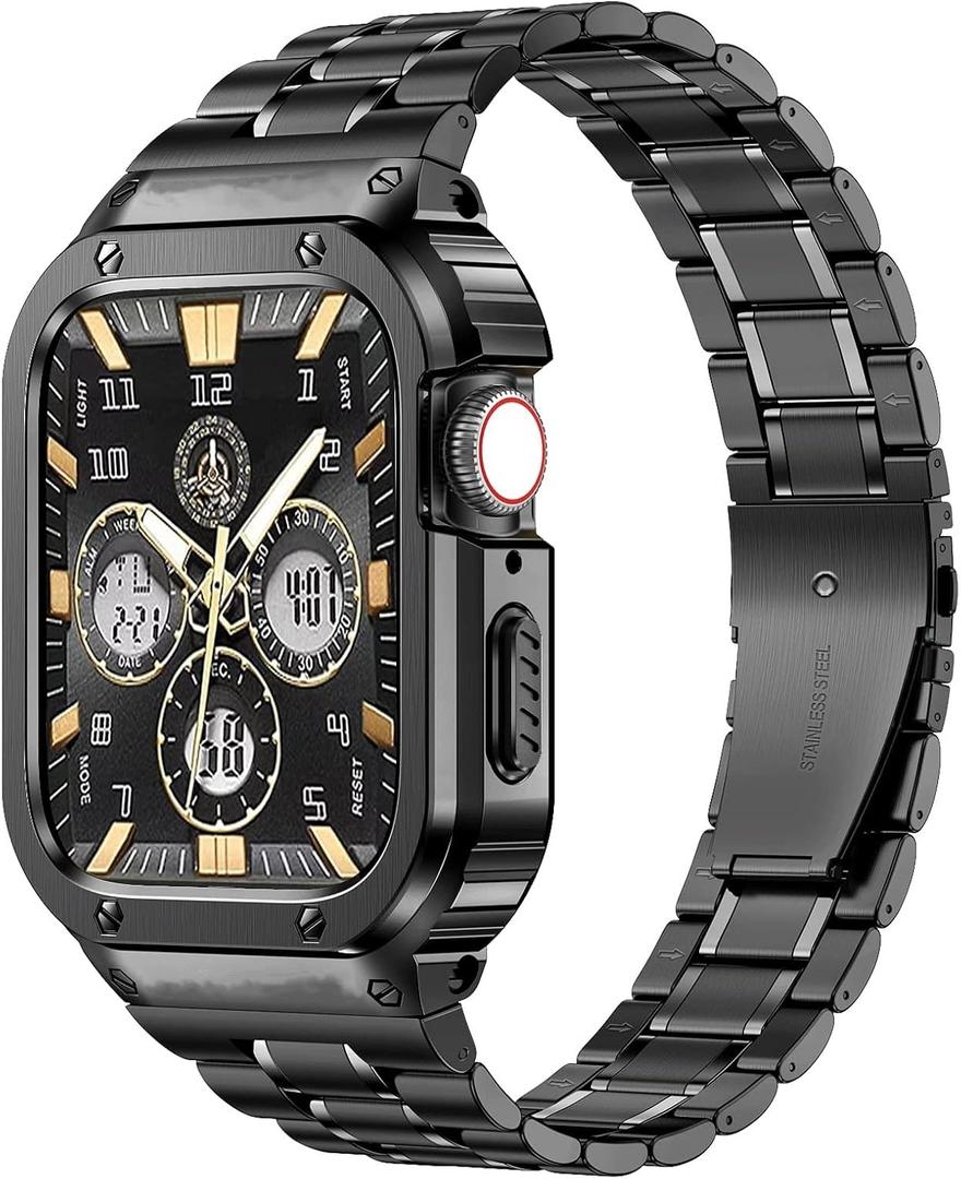 MioHHR Stainless Steel Watch Band with Case Compatible with Apple Watch Series 6/5/4/SE(44mm) Series 3/2/1(42mm),Rugged Strap with Metal Protective Bumper Cover for iWatch Band Men(Black)