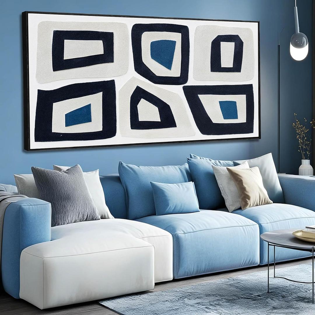 Abstract Framed Canvas Wall Art for Living Room Hand Drawn Black Blue Paintings 29"x58"Large Irregular Shape Artwork Wall Decor