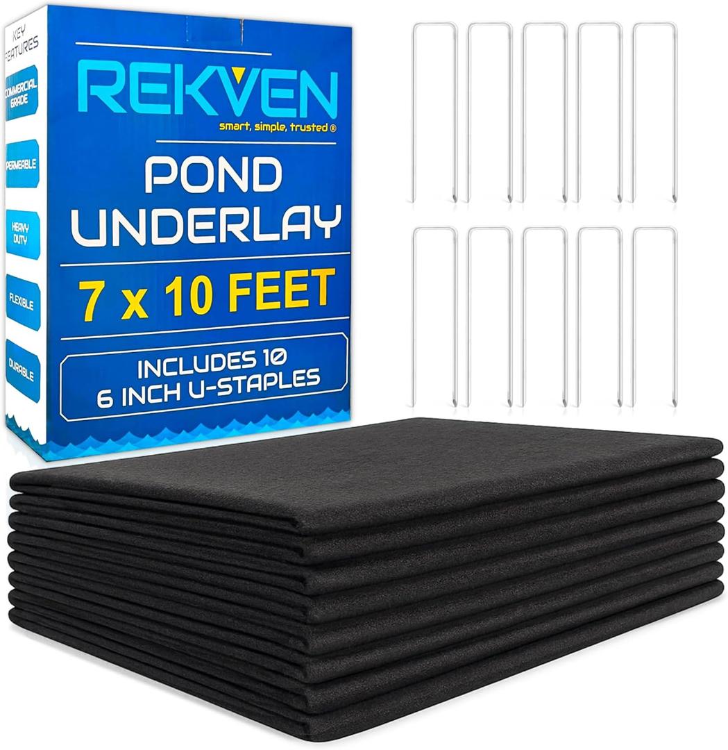 Small Pond Liner Underlayment - 7 x 10 Feet - Non Woven Geotextile Landscaping Fabric with 10 U-Pin Garden Staples - Perfect Padding for Fish Koi and Preformed Ponds Fountains Waterfalls